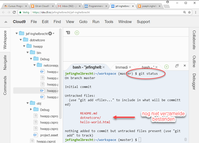 Cloud9 git status - files ready to be staged